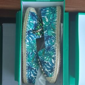 Lauren Lorraine Blue and Green Espadrilles With Sparkling Faux Gemstones
